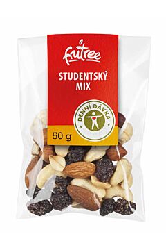 Studentská směs - rozinky, mandle, arašídy, vlašské, kešu, lískové ořechy čerstvě vyrobené a balené přímo z balírny Frutree