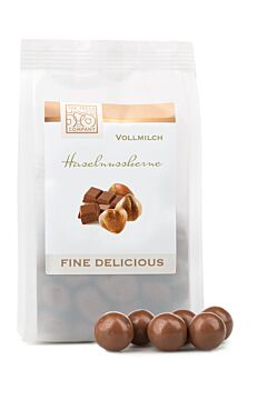 Fine Delicious - lískové ořechy v mléčné čokoládě čerstvě vyrobené a balené přímo z balírny Frutree